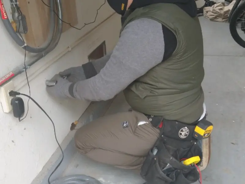 Electrician performing outlet wiring in a Palm Bay garage